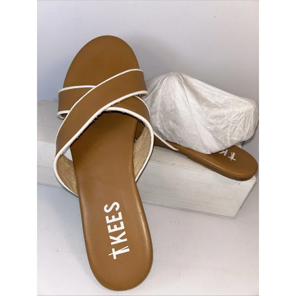Women's Tkees Sloan Criss Cross Cognac Brown Leather slip on slide sandal sz 10